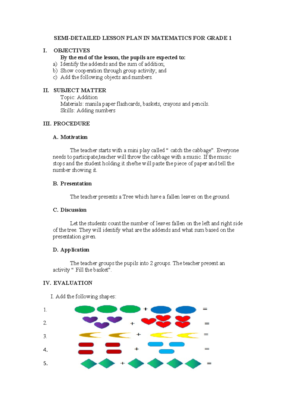 Semi-Detailed Lesson Plan for Math1: Understanding Addition Concepts ...