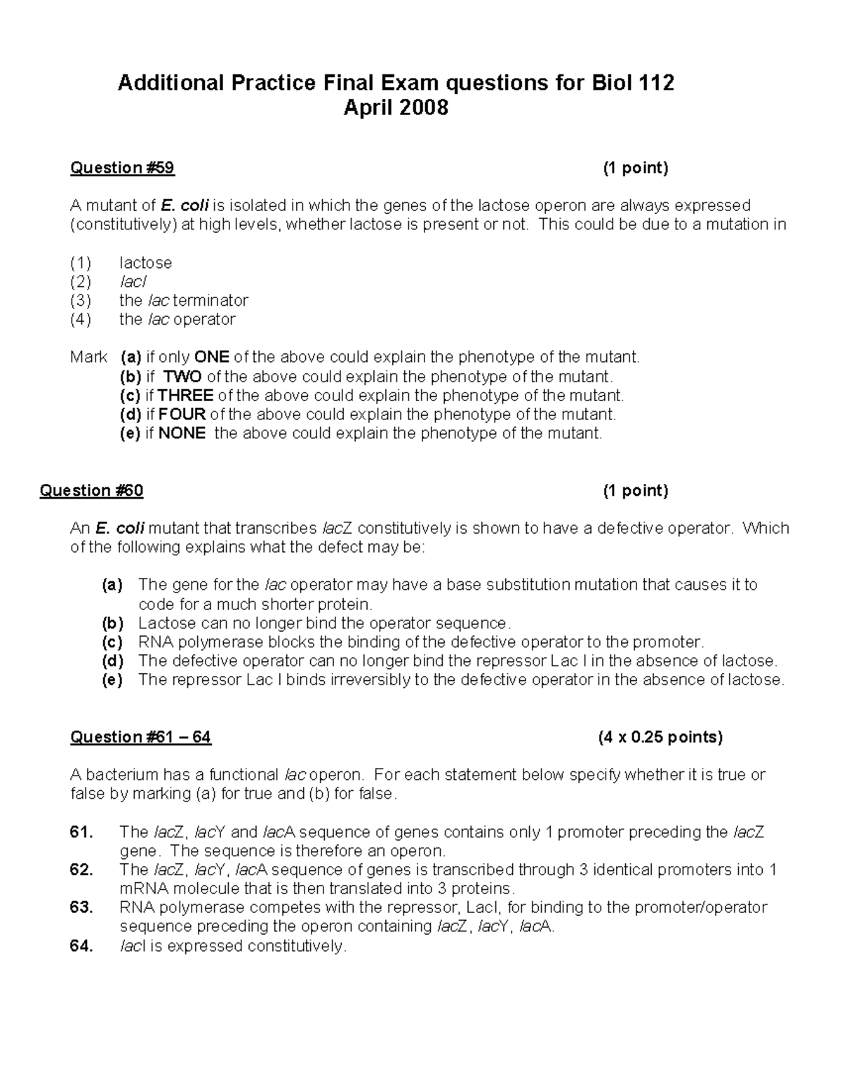 BIOL 112 - Practice Exam Questions from 2008 - Additional Practice ...