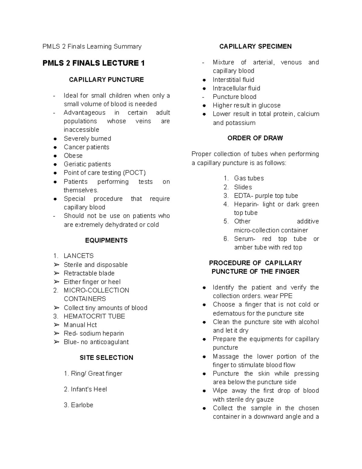 PMLS 2 Finals Summary: Capillary Puncture Techniques and Procedures ...