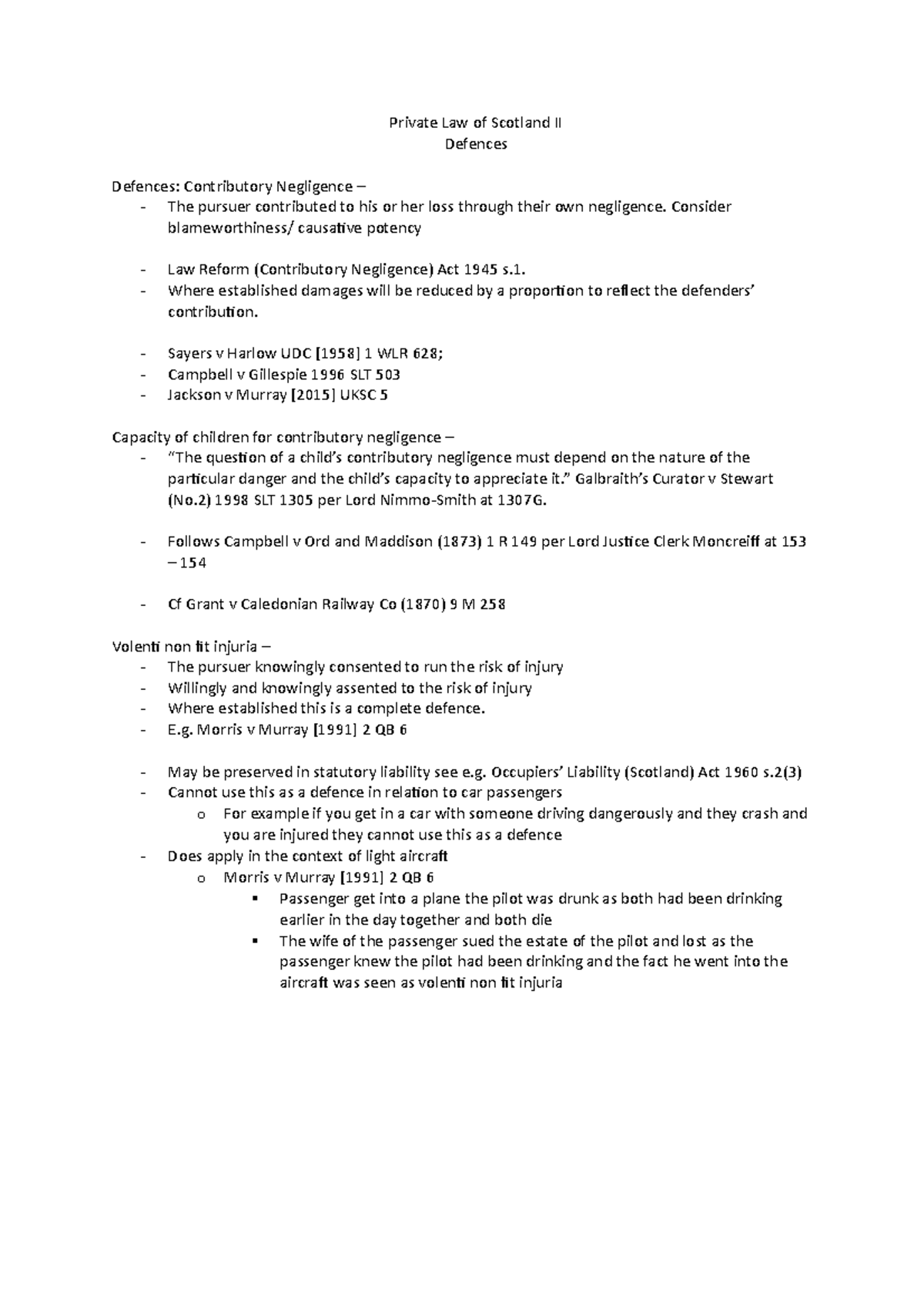 Private Law of Scotland II: Defences Overview and Key Cases - Document Preview