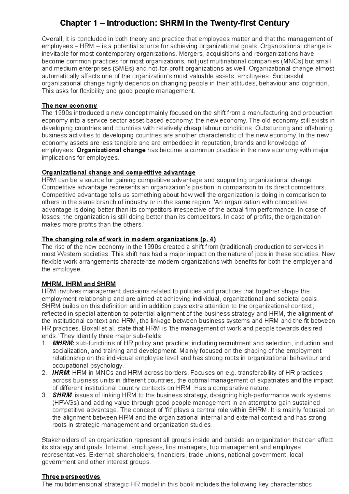 Strategic Human Resource Management - Chapter 1 Summary Overview ...