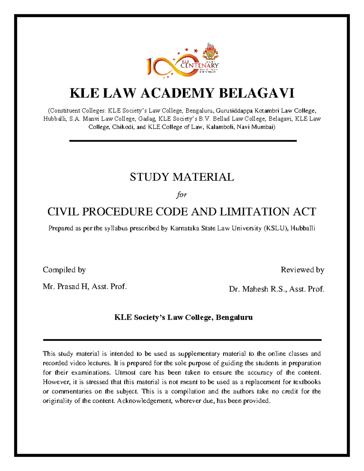 Study Material for Civil Procedure Code and Limitation Act (KSLU) - Studocu