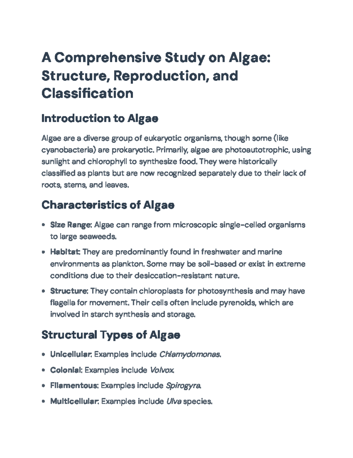 Comprehensive Study on Algae: Structure, Reproduction, and ...