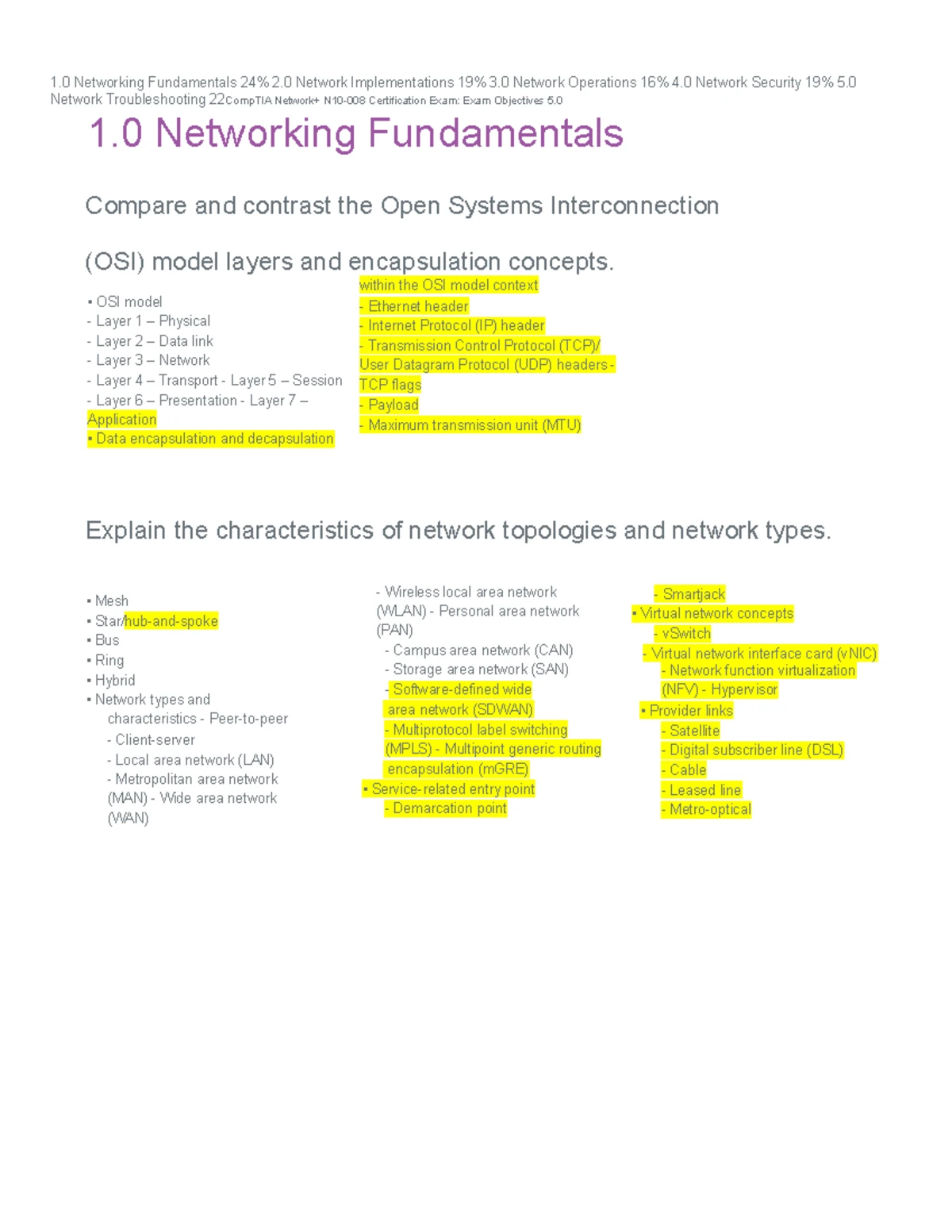 Network N10 008 Exam Study Sheets - CompTIA Network+ Certification Exam ...