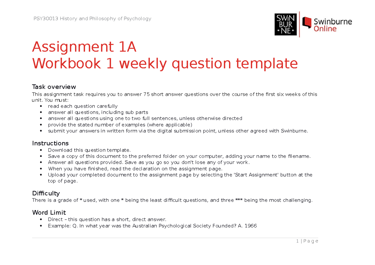 Assignment 1A - 102911133: Weekly Q&A Template for Psych Studies - Studocu