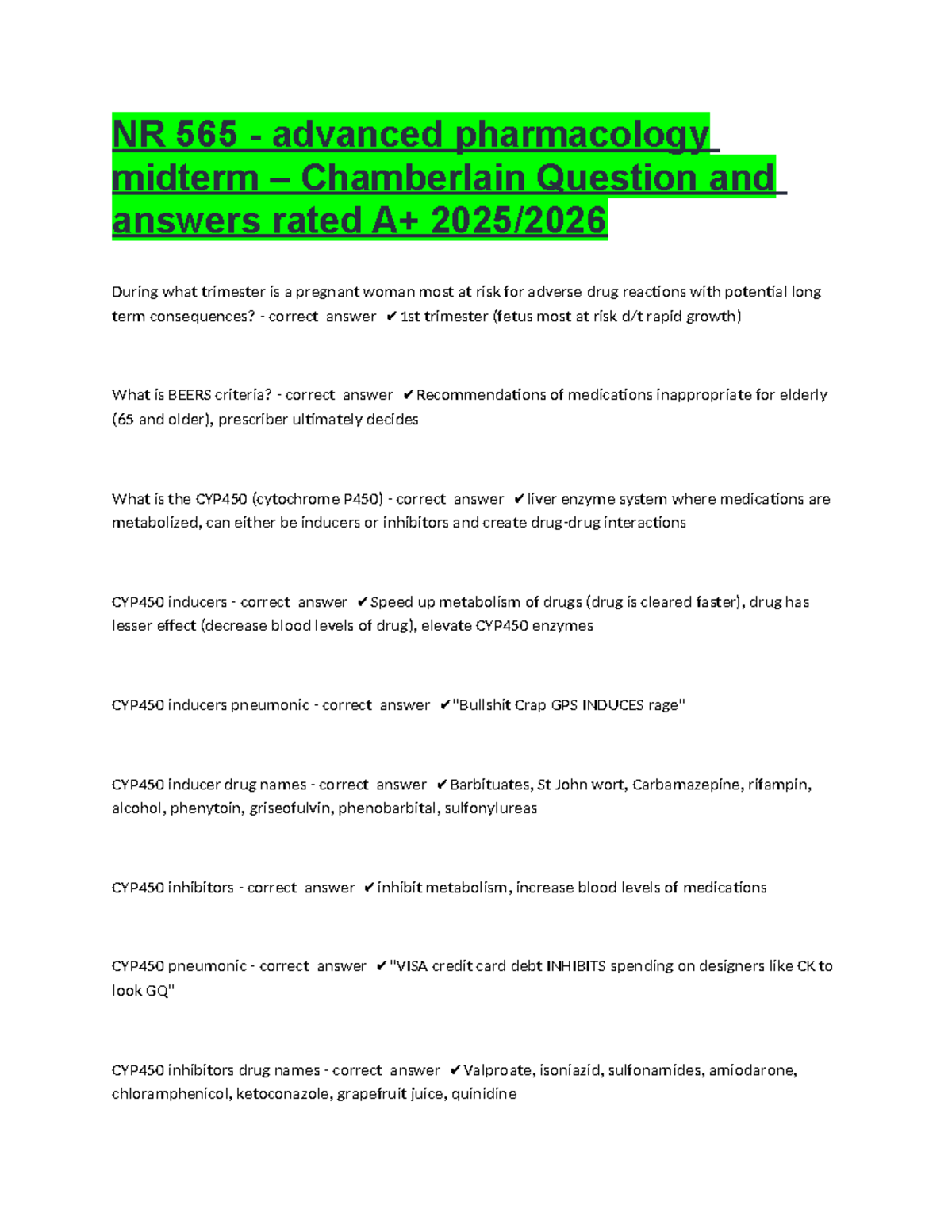 NR 565 Advanced Pharmacology Midterm Q&A Study Guide - Studocu