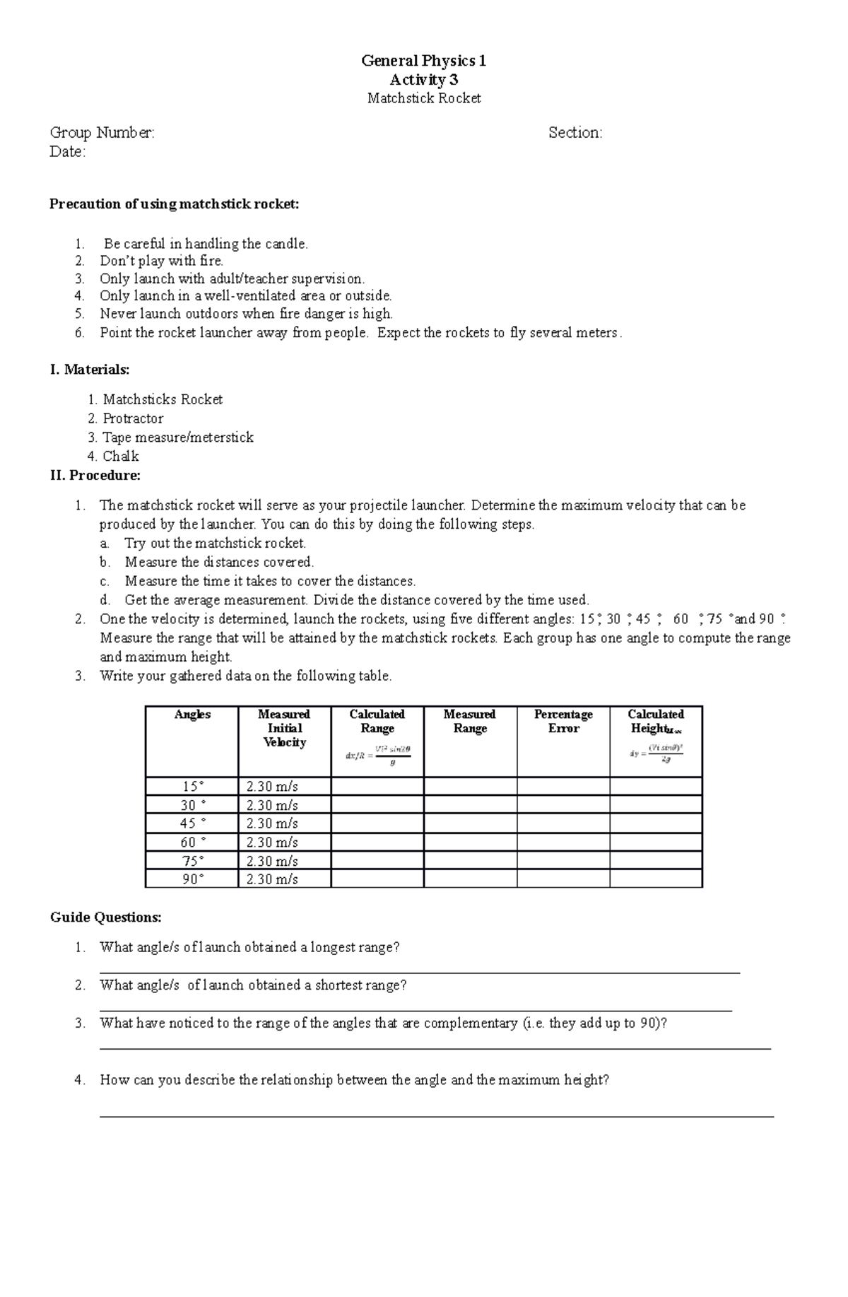 Projectile Motion Activity Sheet - COT 1 - Matchstick Rocket Experiment ...