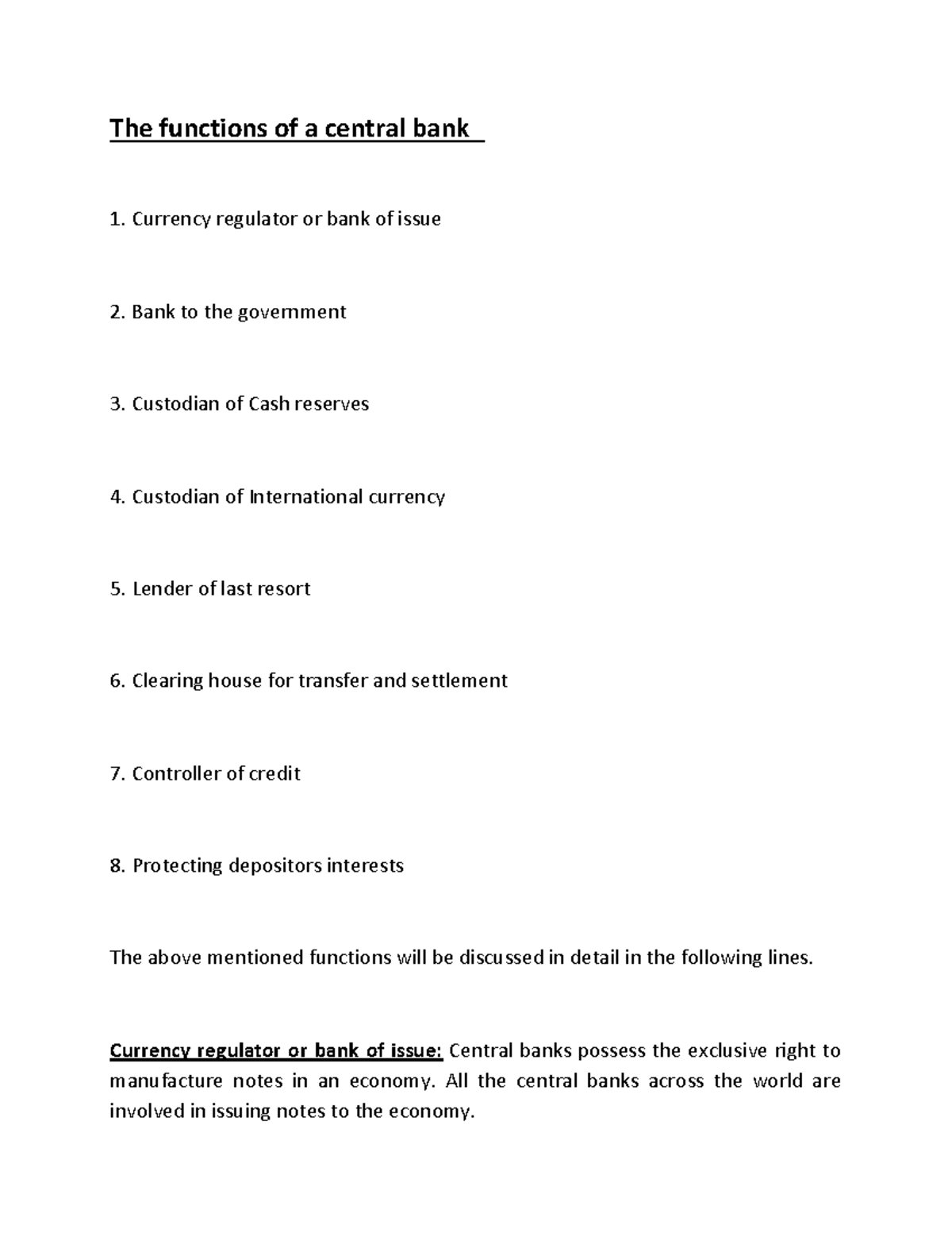 Functions of Central Bank: A Comprehensive Overview - Studocu