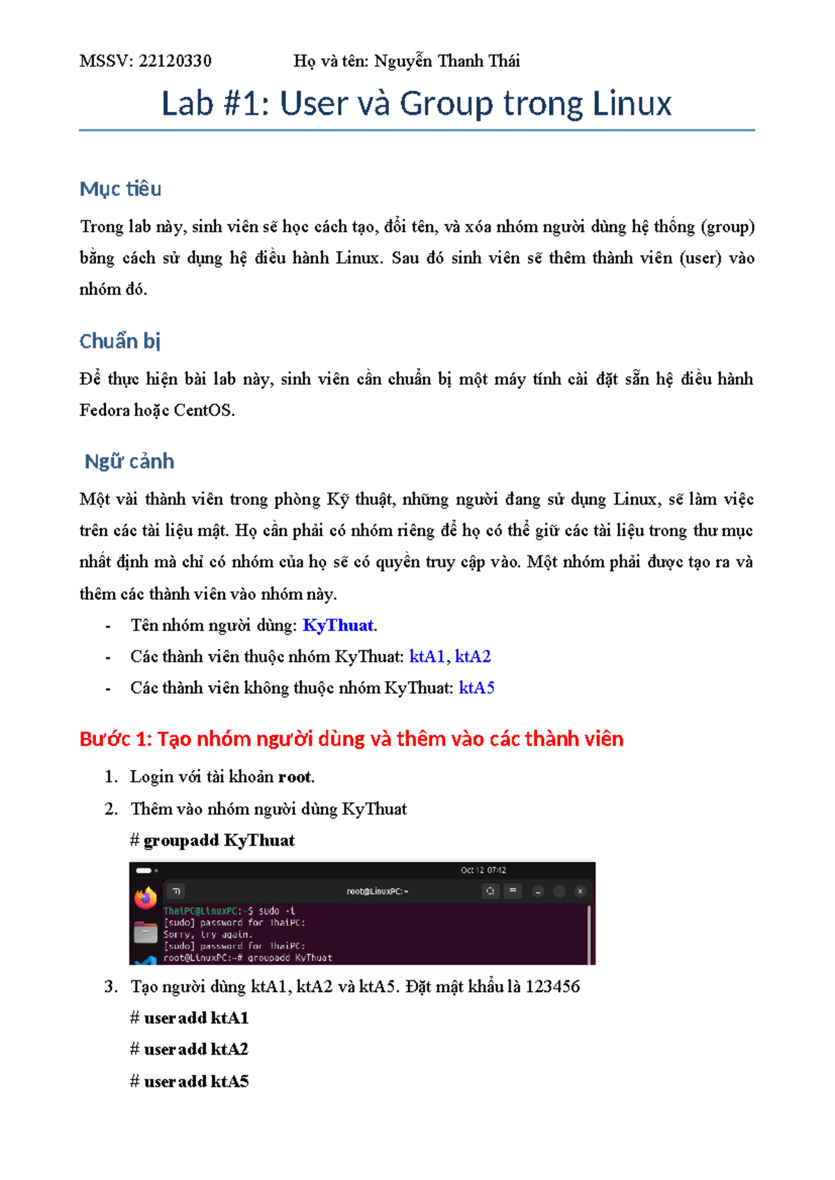 HW User Group - linux - Lab #1: User và Group trong Linux Mục tiêu ...