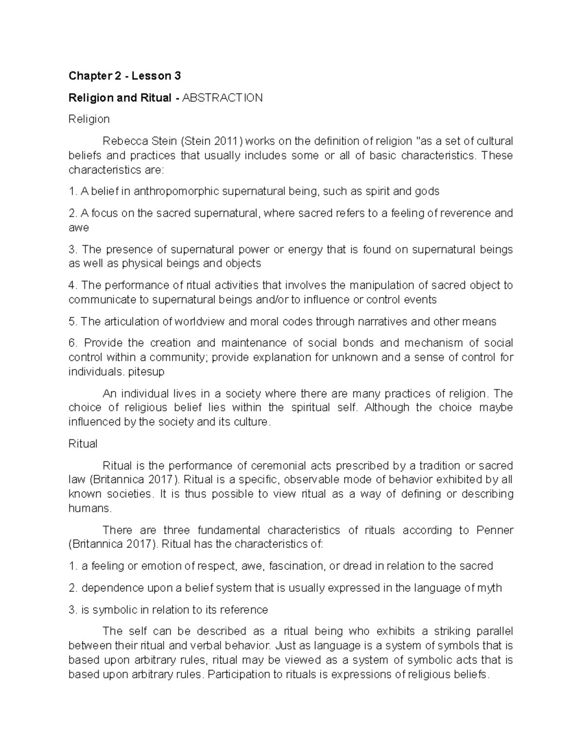 Religion and Ritual - These characteristics are: A belief in ...