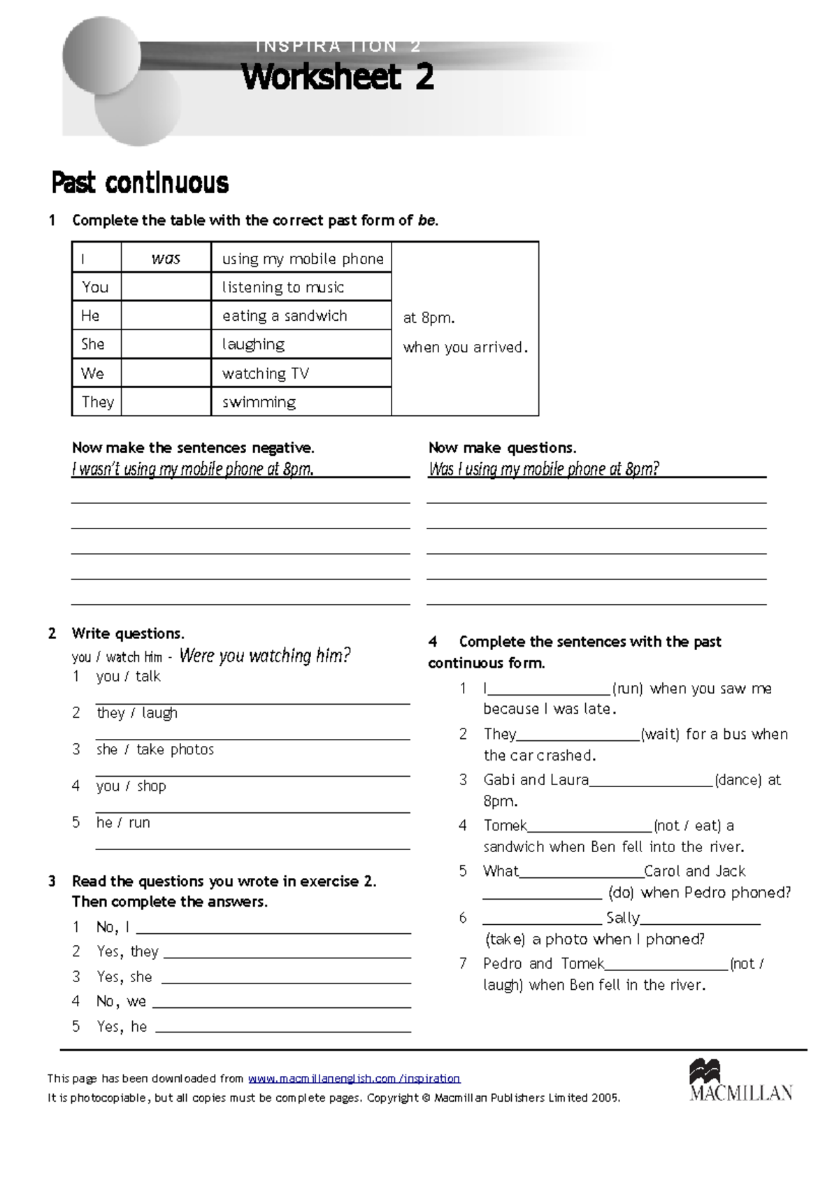 Exercises on Past Continuous Tense: Worksheet 2 - Studocu