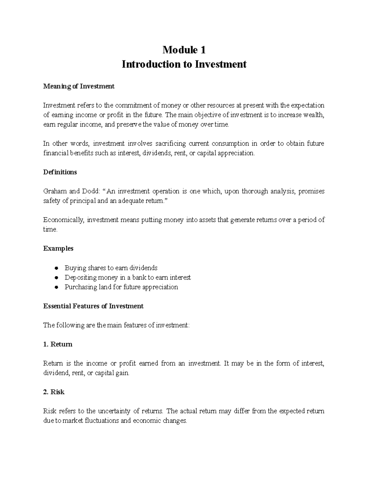 Module 1: Introduction to Investment Concepts and Features - Studocu