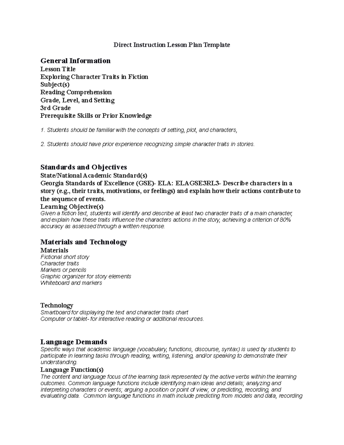 Direct Instruction Lesson Plan Template - Students should be familiar ...