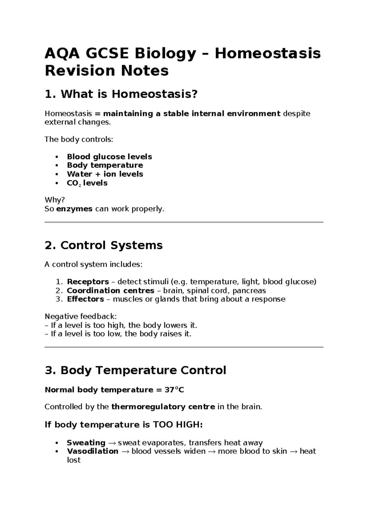AQA GCSE Biology Homeostasis Revision Notes and Control Systems - Studocu