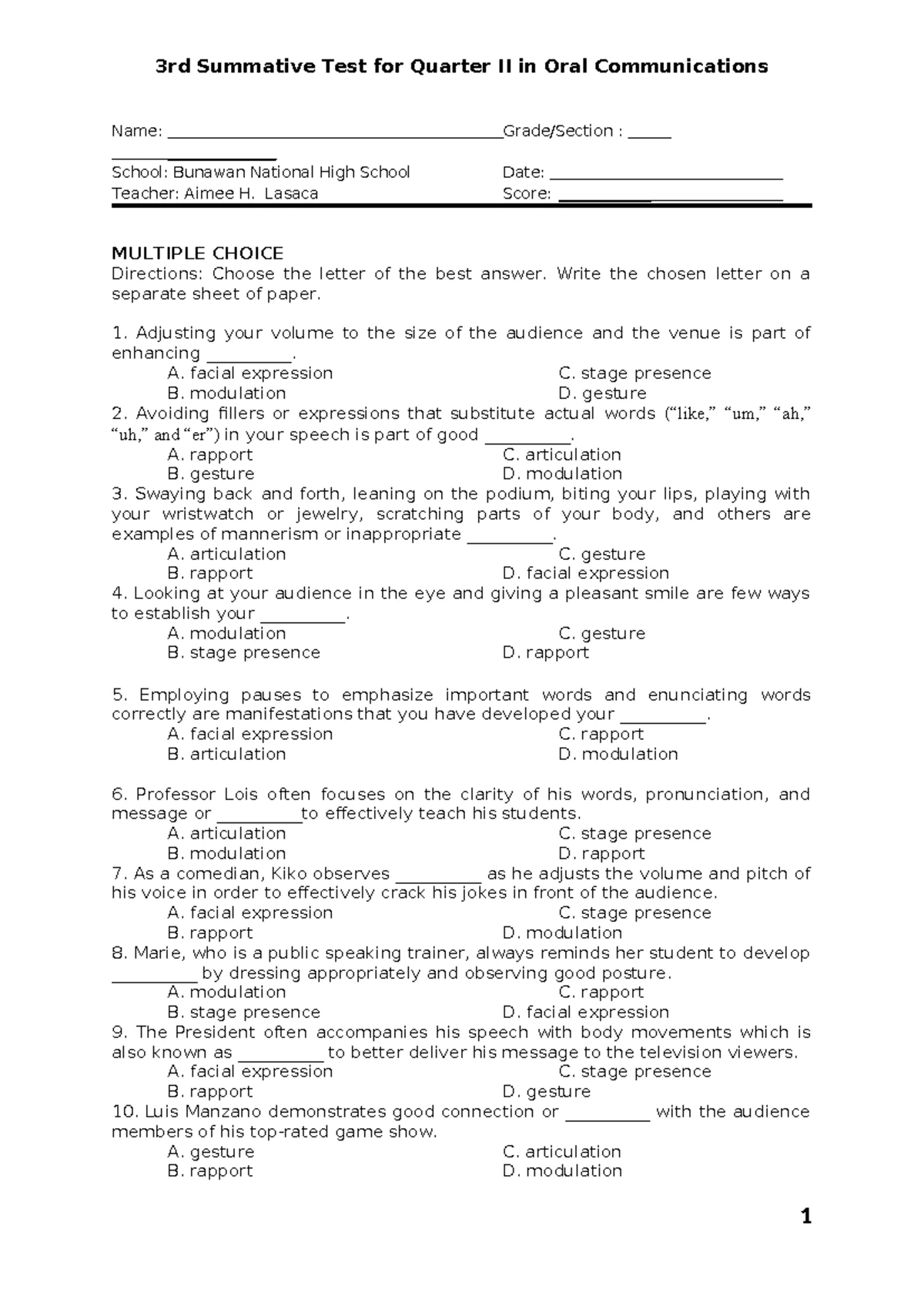 Oral Communication 1st SHS Summative Test Based on MELC for Quarter II ...