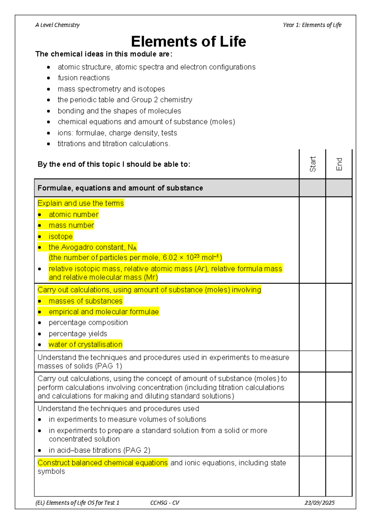 A Level Chemistry Year 1: Elements of Life Study Notes (EL) - Studocu