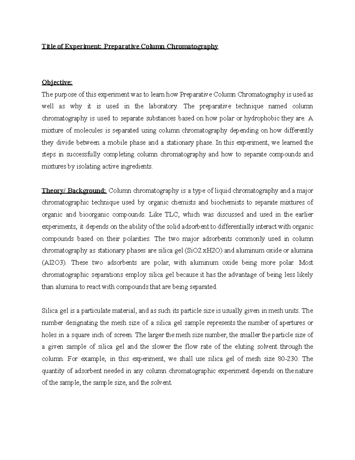Lab 5 Preparative Column Chromatography 2 - Title of Experiment ...