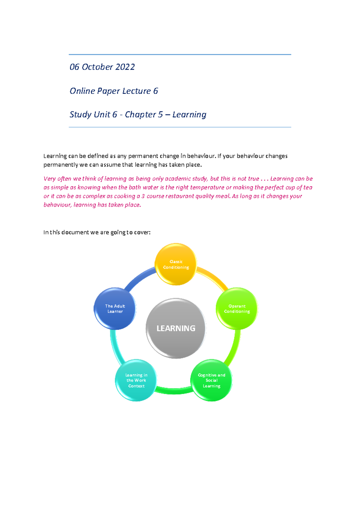 BDO 121 - Paper Lecture 6 - Study Unit 6 - Classical & Operant ...