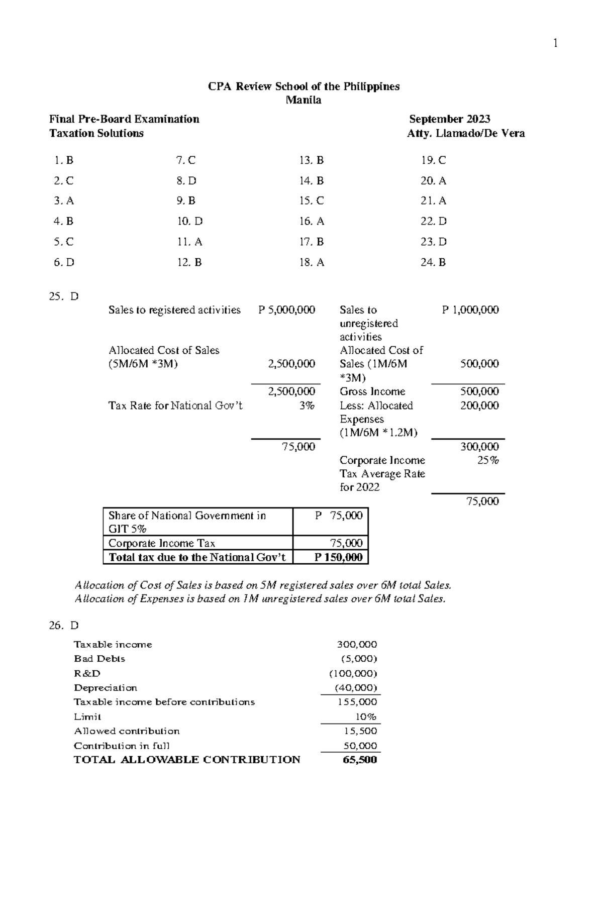 TAX Final Preboard 94 Solutions For Printing - CPA Review School of the ...
