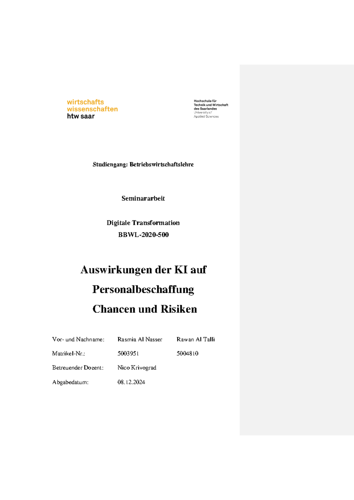 BBWL-2020-500 Seminararbeit: Digitale Transformation in der ...