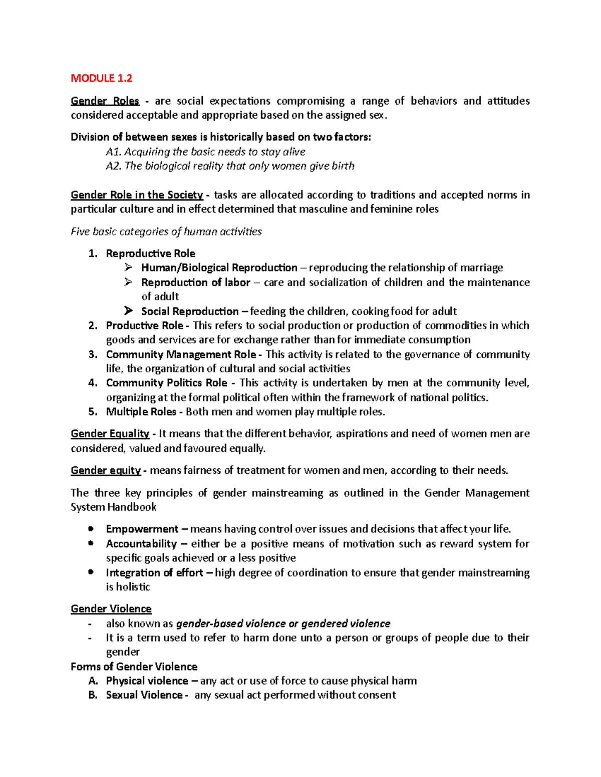 Gender and Society notes 1.2 - MODULE 1. Gender Roles - are social ...