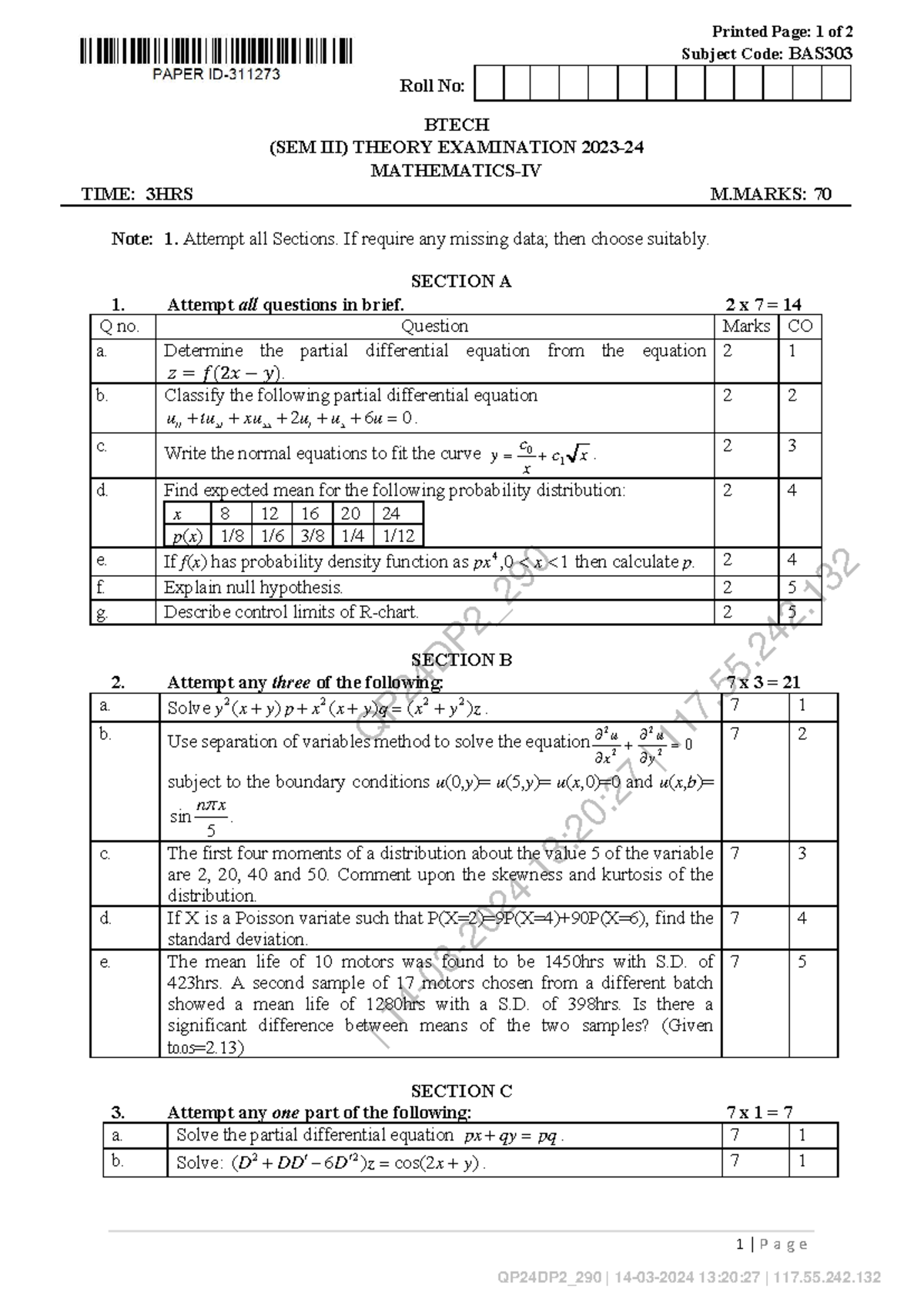 Mathematics IV (BAS) Previous Years Question Paper - SEM III Exam - Studocu
