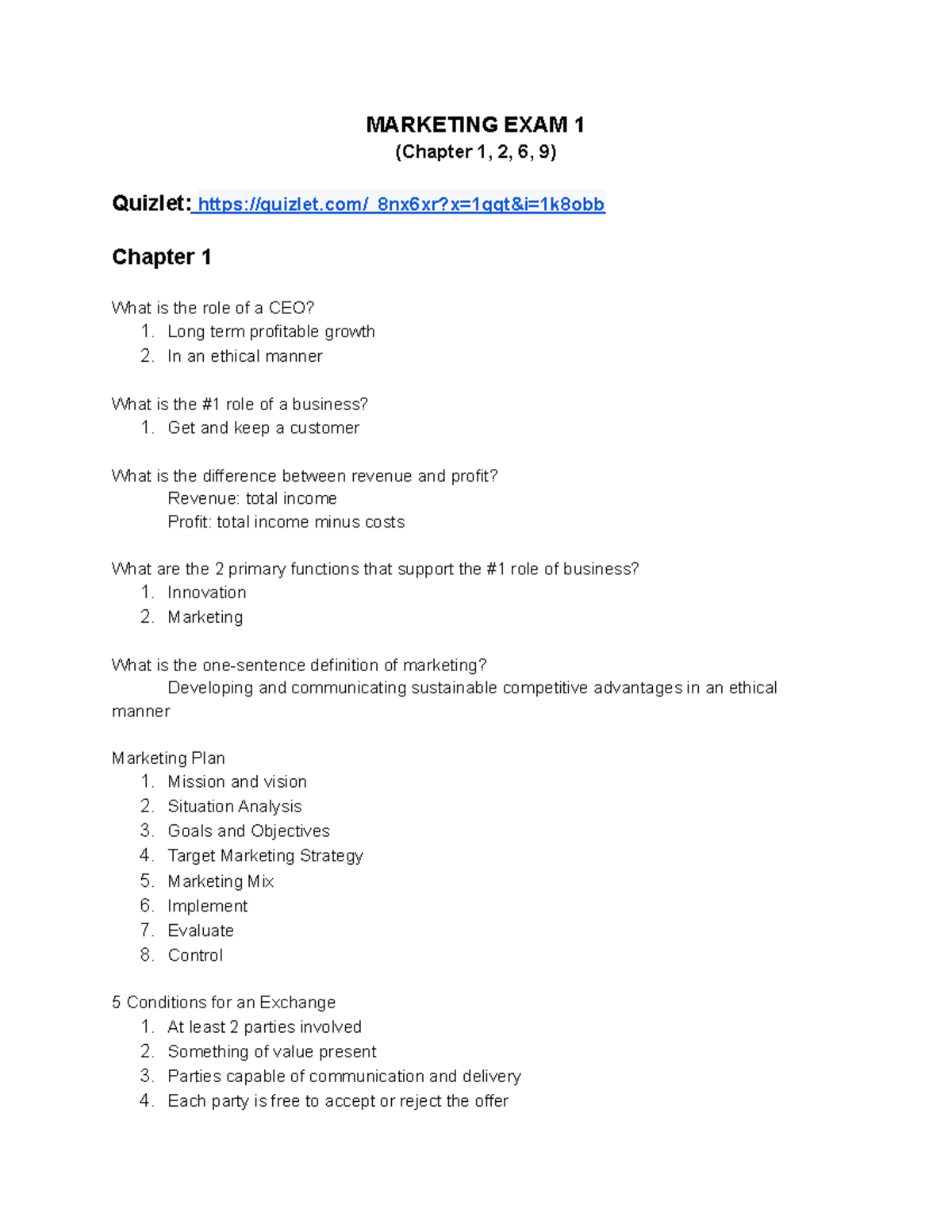 Marketing EXAM 1 - Comprehensive Study Notes for Chapters 1, 2, 6, 9 ...