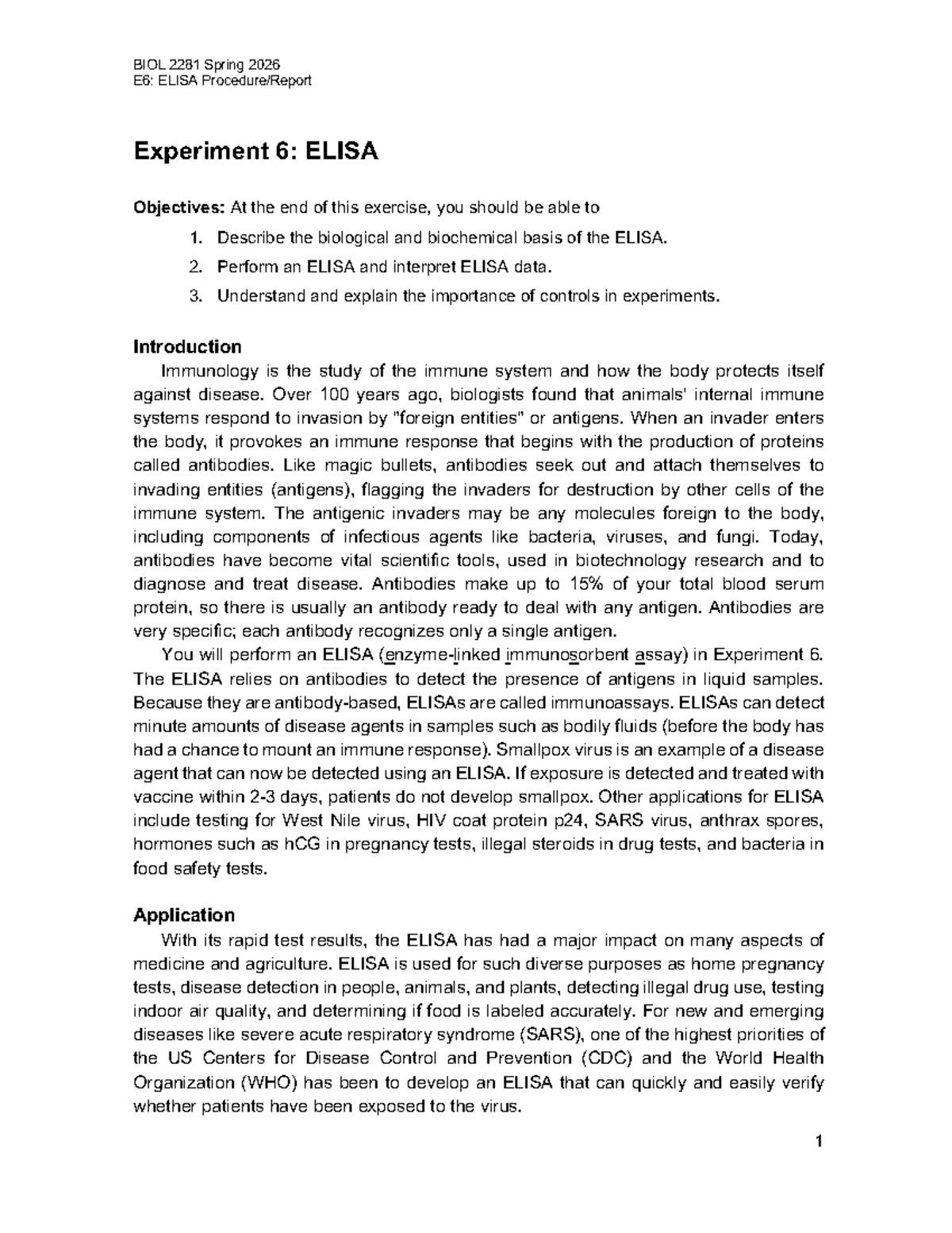 BIOL 2281 Spring 2026 E6: ELISA Procedure and Report Guide - Studocu