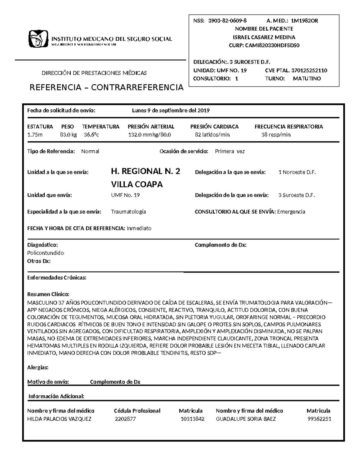 Contrareferencia 1301: Informe Clínico de Derivación a Traumatología ...