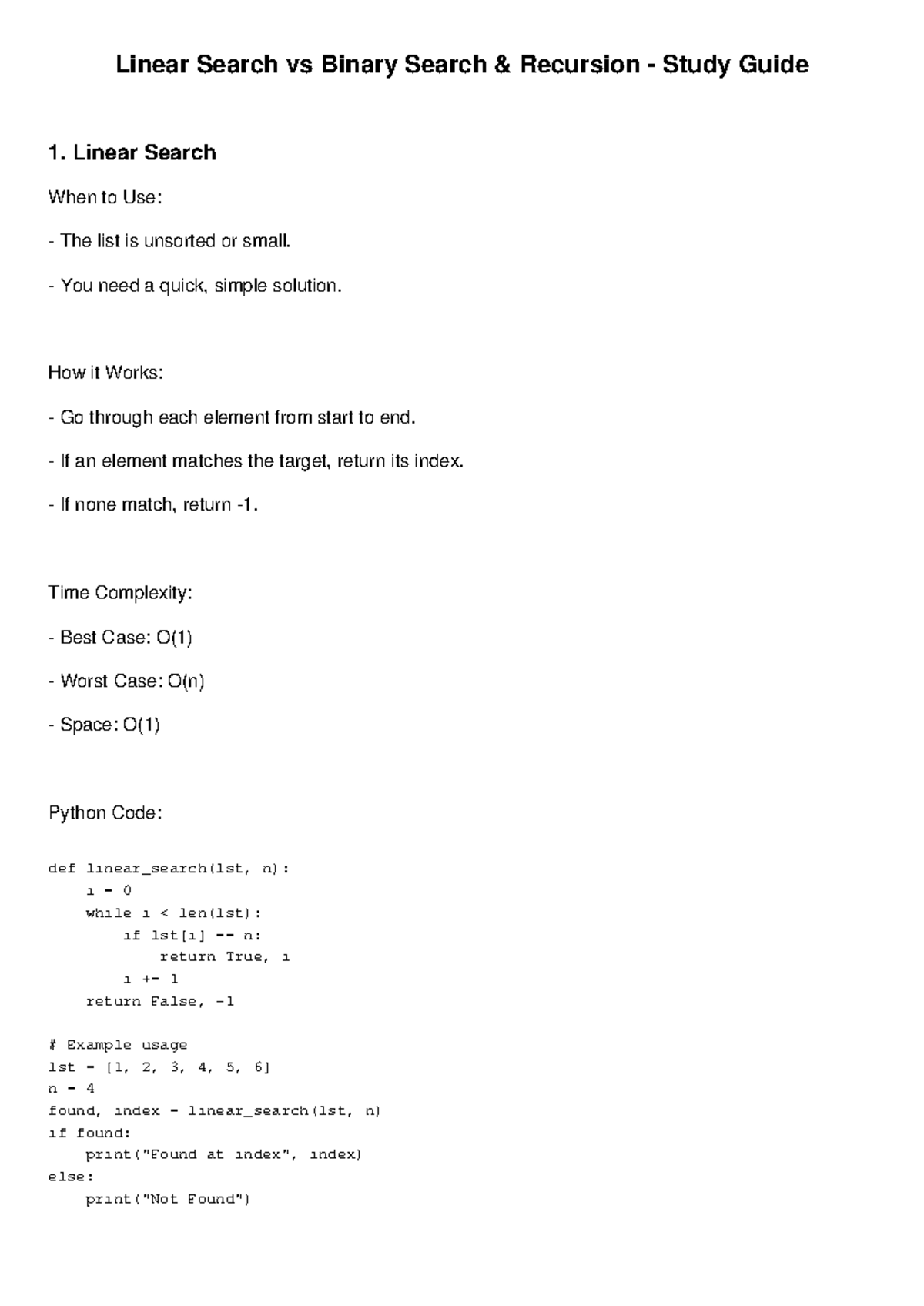 Linear vs Binary Search Recursion Study Guide 1 - Studocu