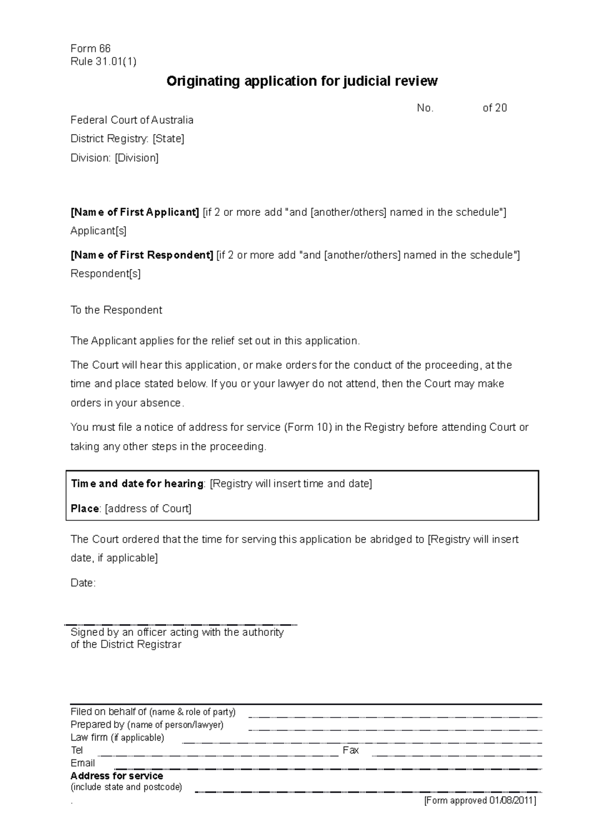 Form 66 - Judicial Review Application - Assignment 1 - Part A - Studocu