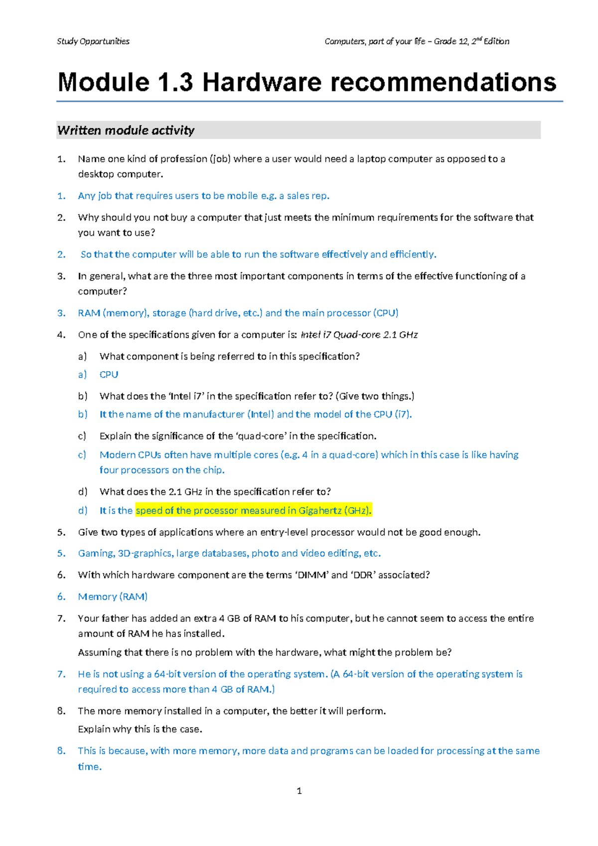 Grade 12 Computers: Module 1.3 Hardware Recommendations Study Guide ...