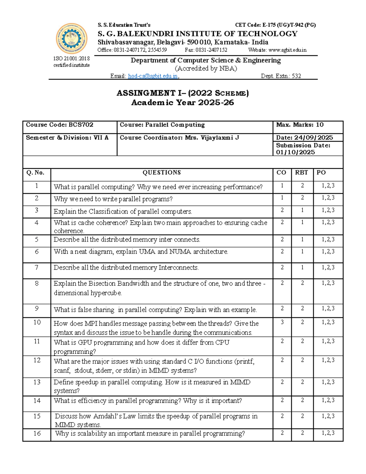 BCS702- Parallel Computing- Assignemnt-1-7A-CS- 2025 - 1SO 21001 ...