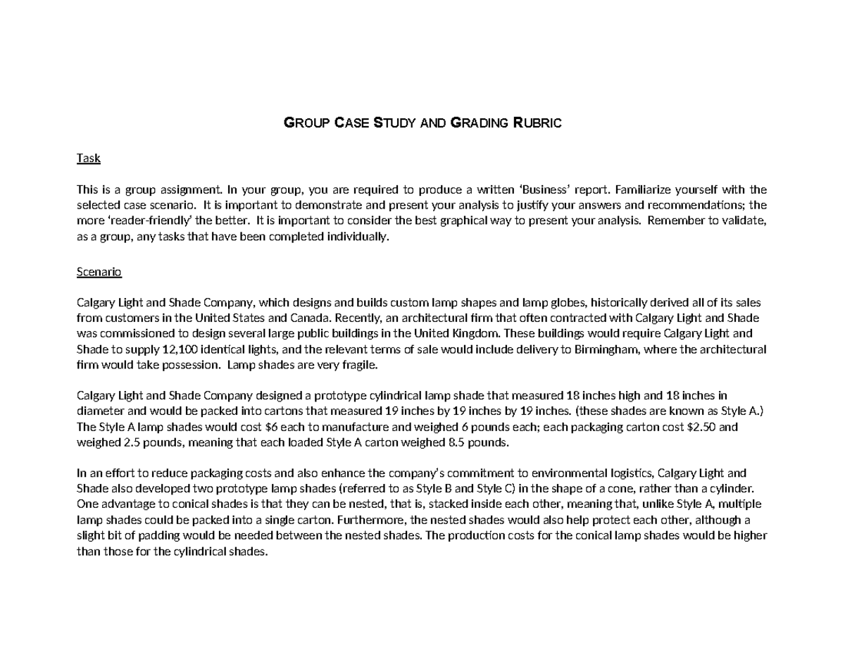Calgary Light and Shade Group Case Study & Grading Rubric - Studocu
