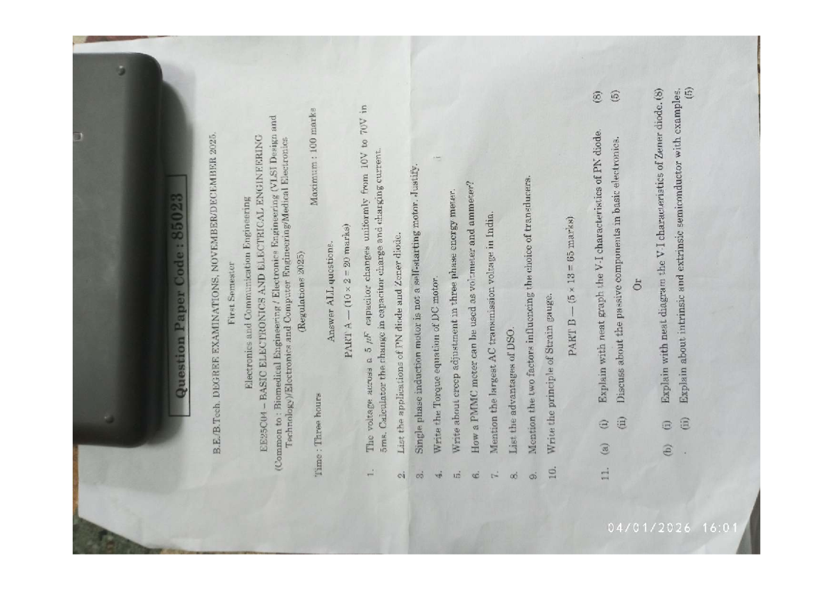 EE25C04 Basic Electronics & Electrical Engg Exam QP 2025 - Studocu