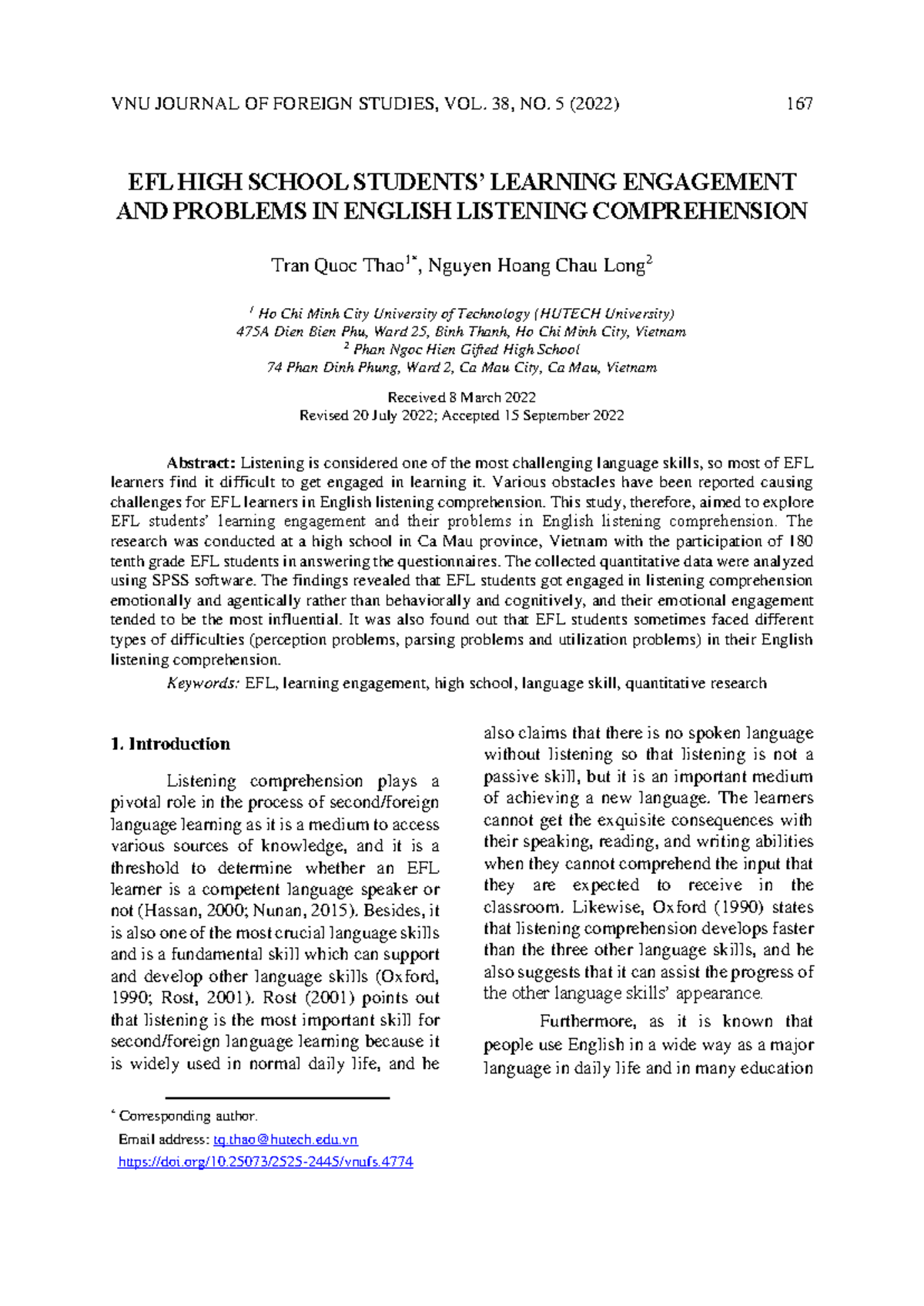 EFL High School Students' Engagement & Challenges in Listening ...