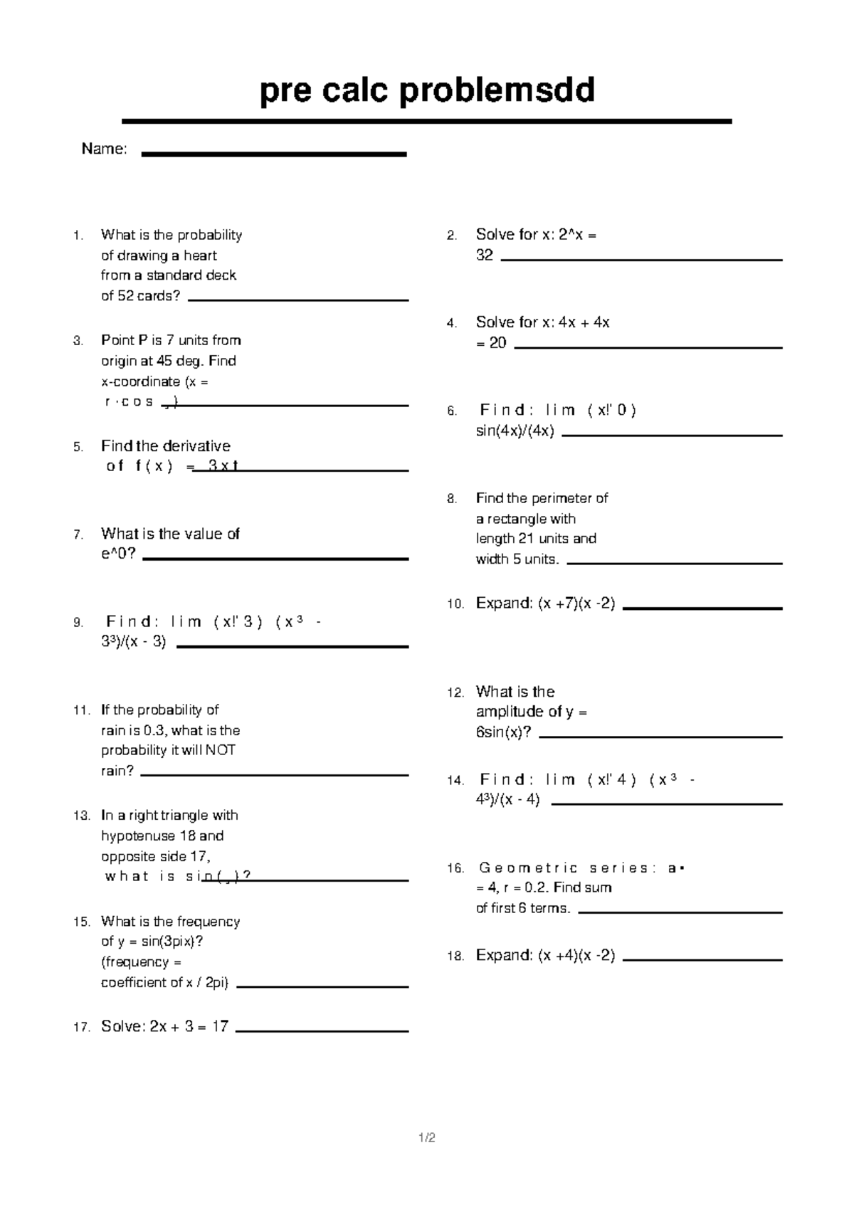 Precalc Problems: Practice Questions and Solutions - Studocu