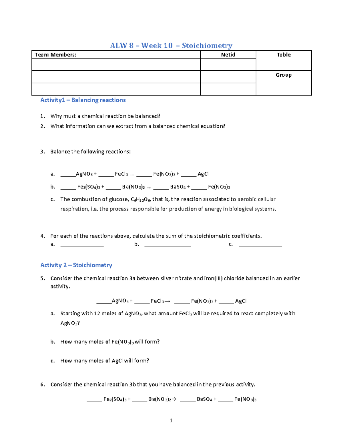 ALW 7 Week 10 Stoichiometry: Balancing Reactions & Limiting Reactants ...