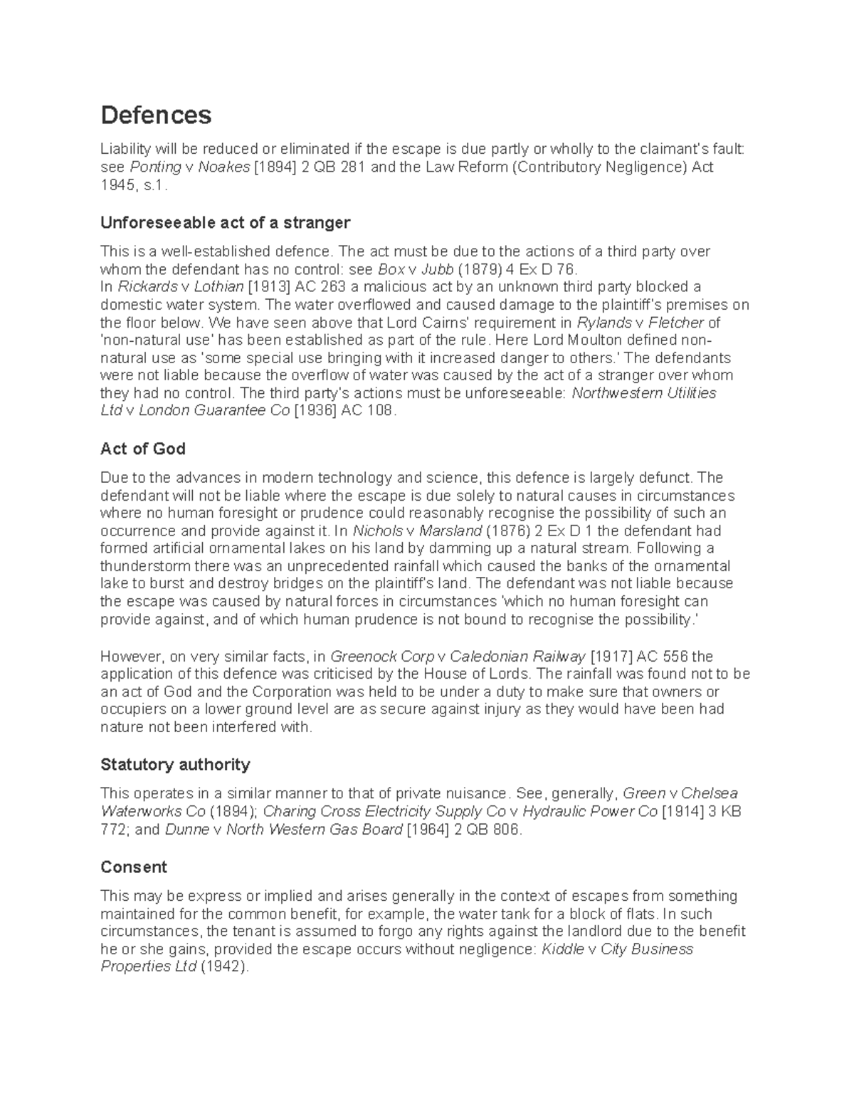Defences in Liability: Rylands v Fletcher Analysis and Case Law - Studocu