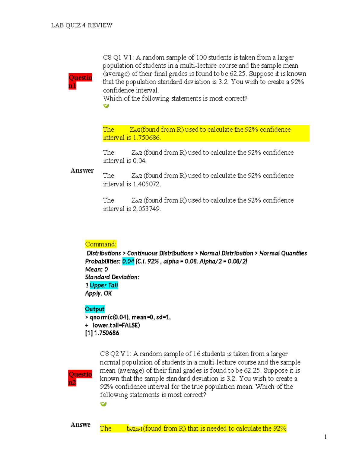 STAT 151 Final Quiz 4 Study Guide: Confidence Intervals & Hypothesis ...