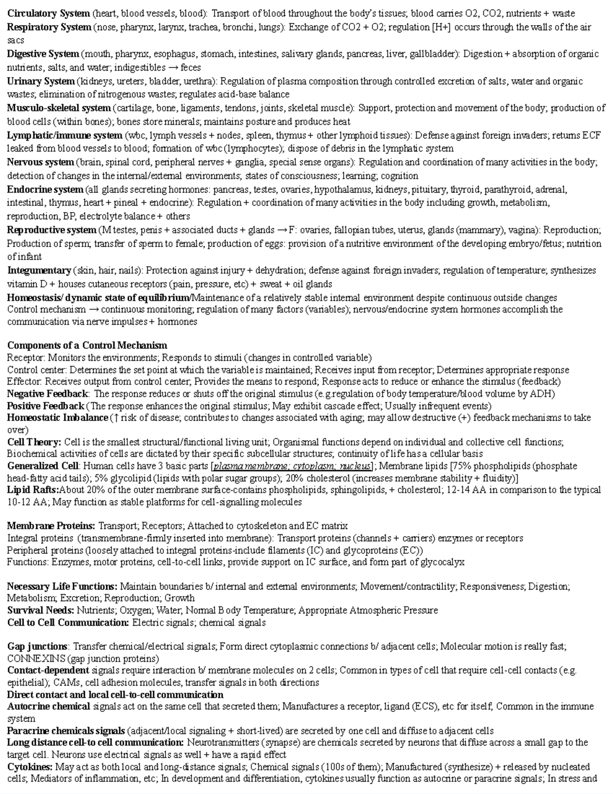 Final Exam Review Guide Pt 1: Body Systems Overview and Functions - Studocu