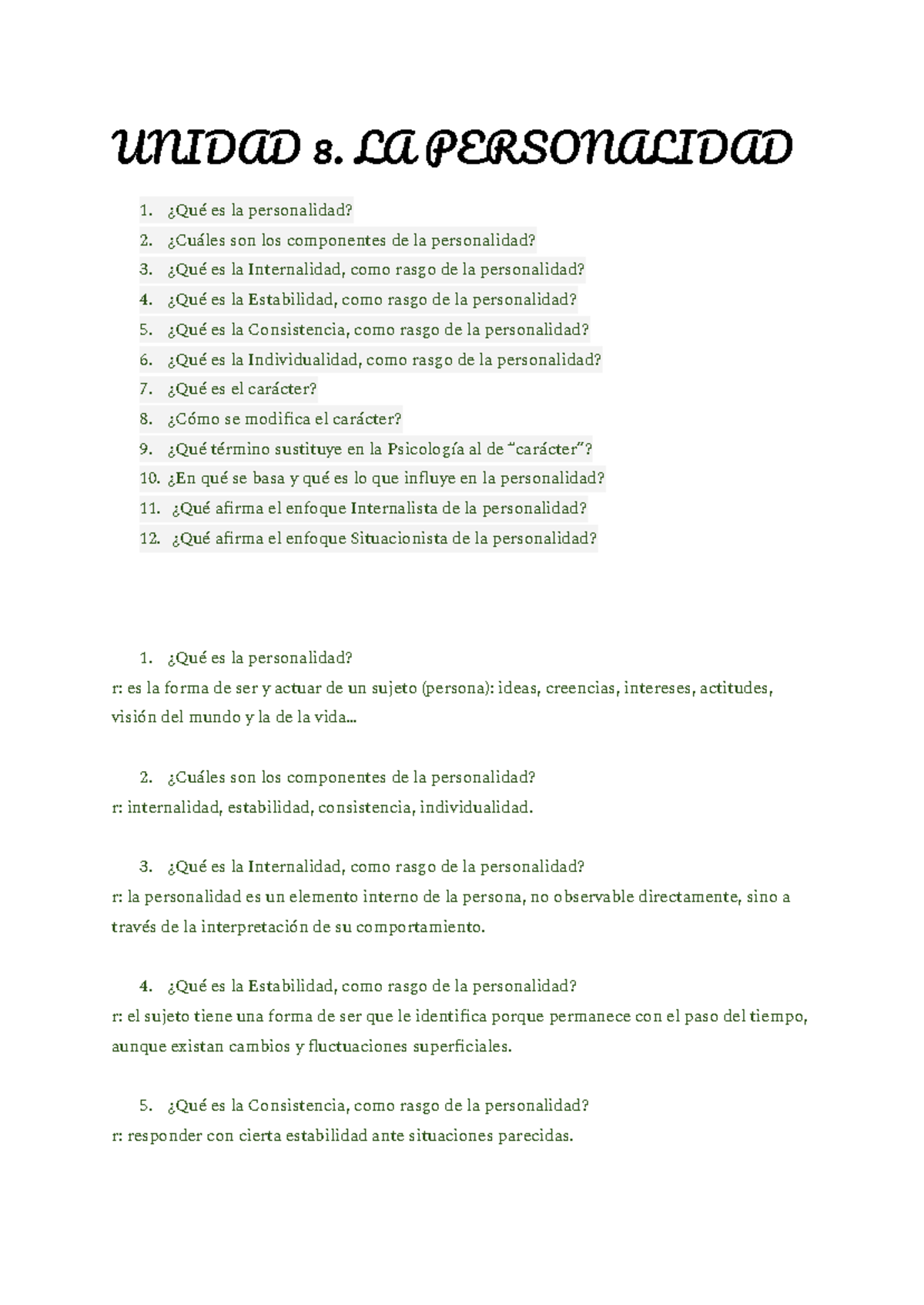 Psicología 8: La Personalidad y sus Componentes Clave - Studocu