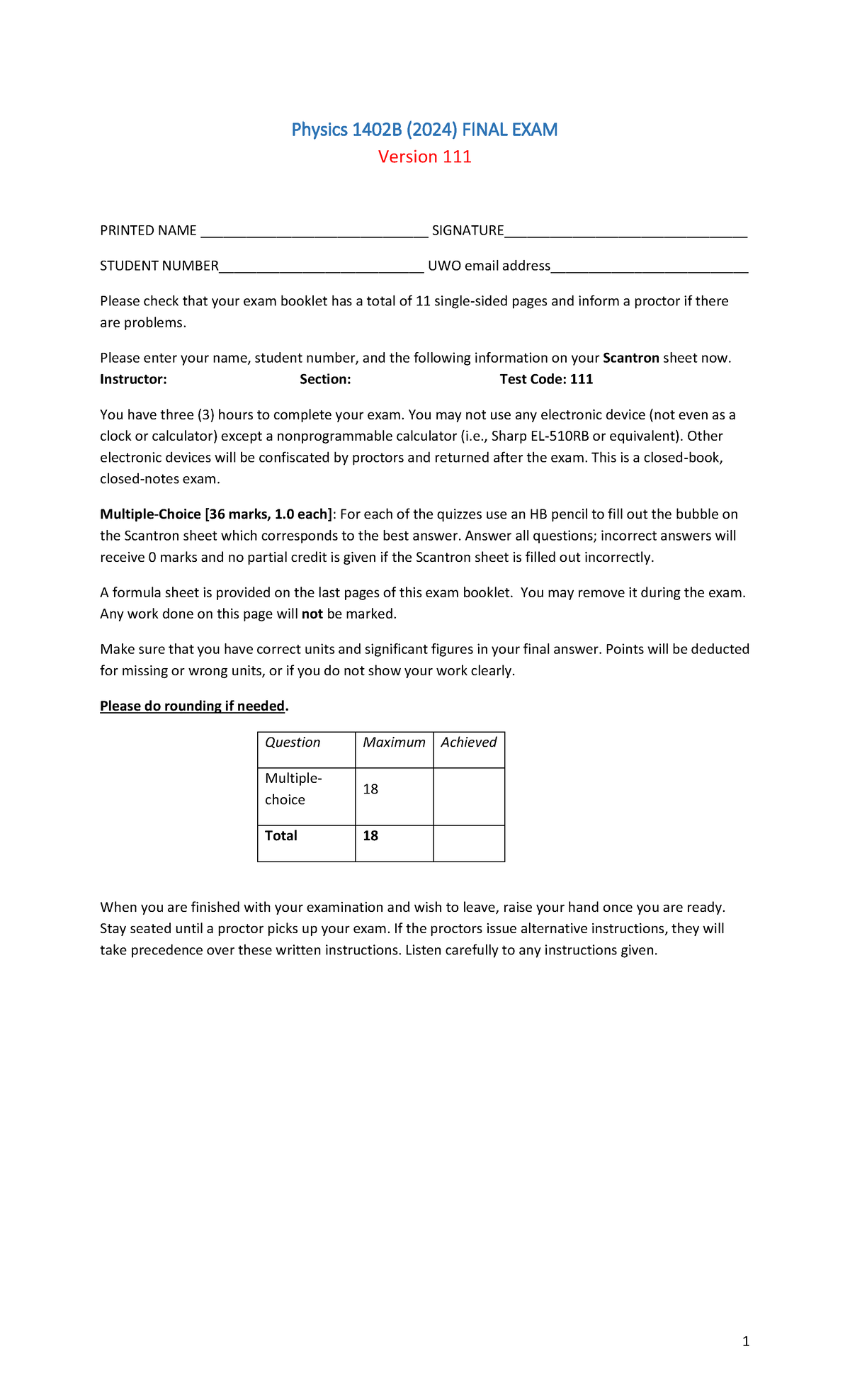 Physics 1402B Final Exam - Version 111 Practice Questions - Studocu