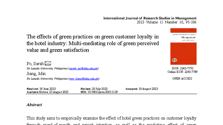 The Effects of Green Practices on Customer Loyalty in Hotels (M231129 ...