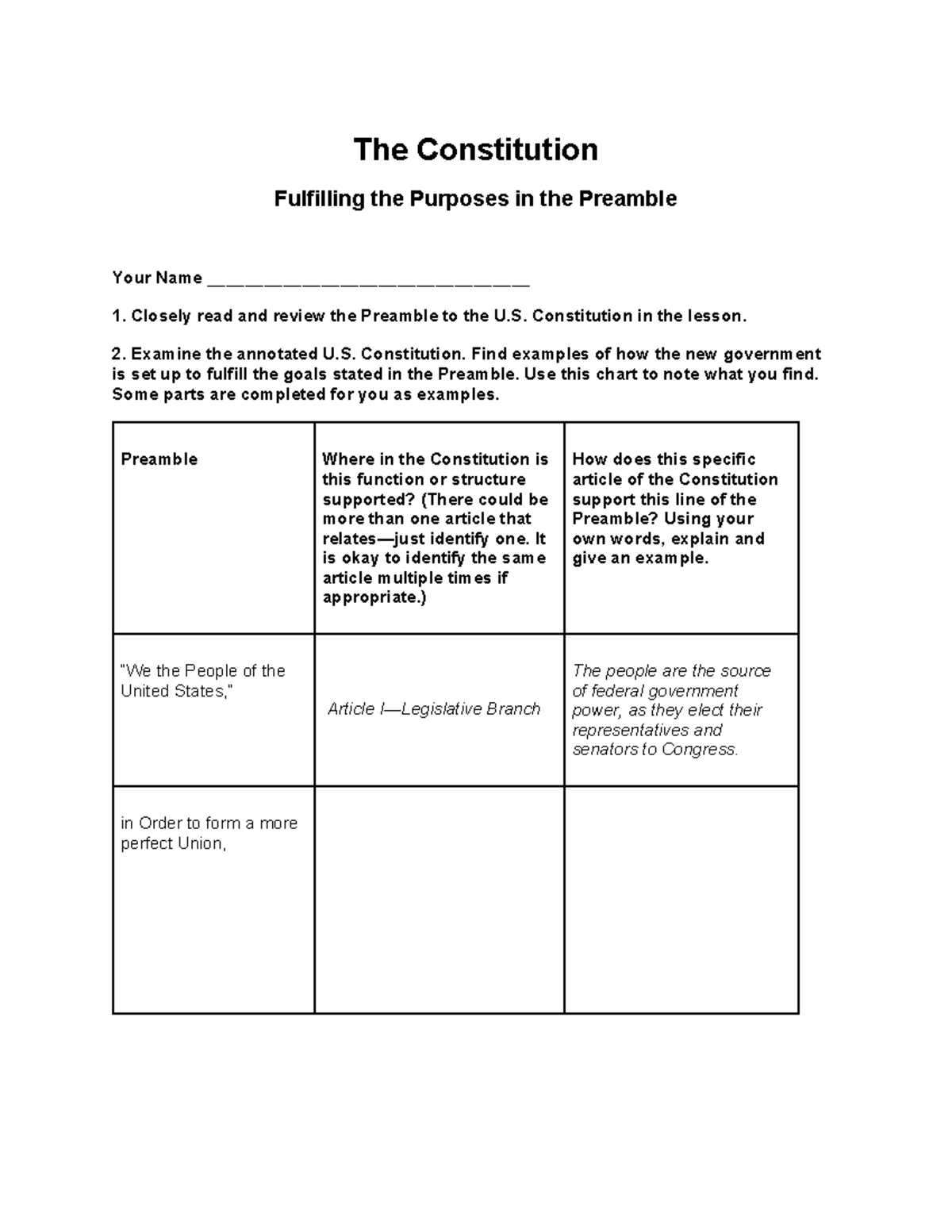 US GOV 1.05 Assignment: Analyzing the Preamble of the Constitution ...