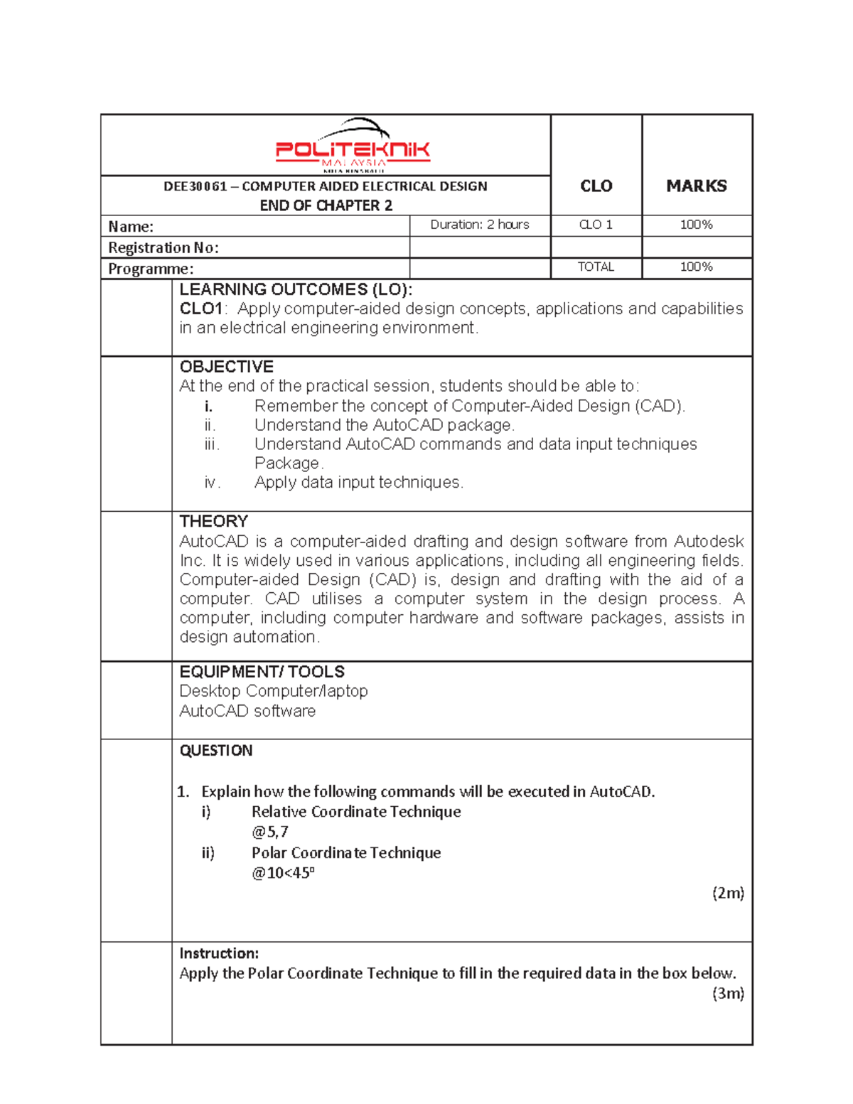 EOC2 - do it in group - DEE30061 ñ COMPUTER AIDED ELECTRICAL DESIGN CLO ...