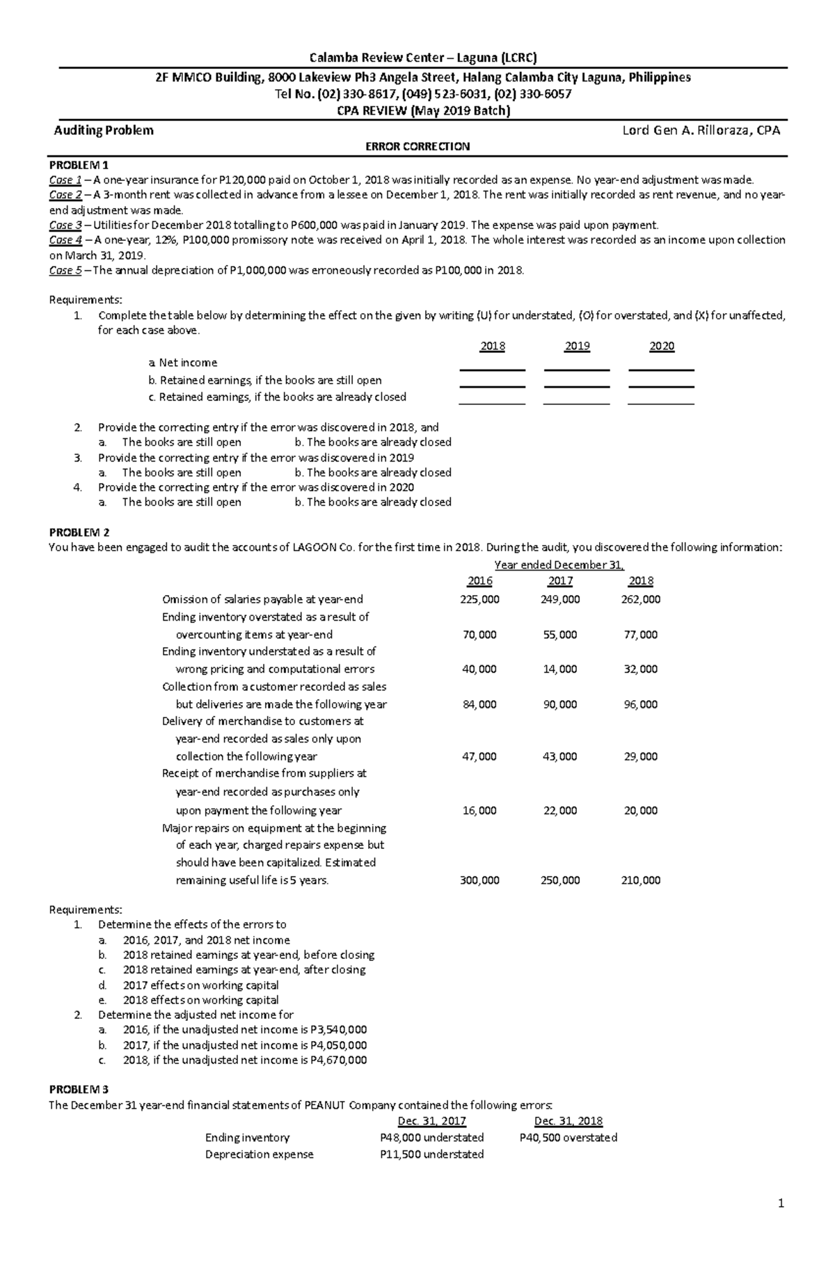 2019 .1 - Audit Problems and Correcting Entries Review - Studocu