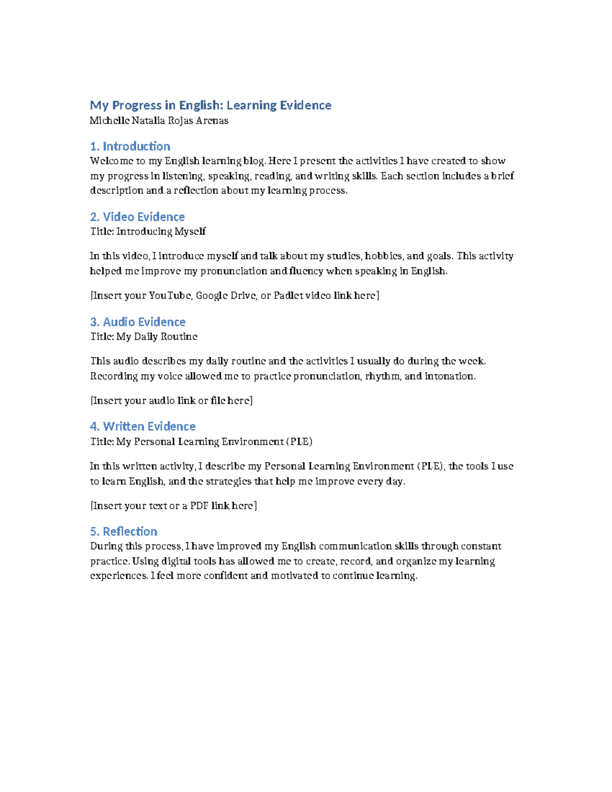 My English Learning Progress: Evidence & Reflections - Studocu