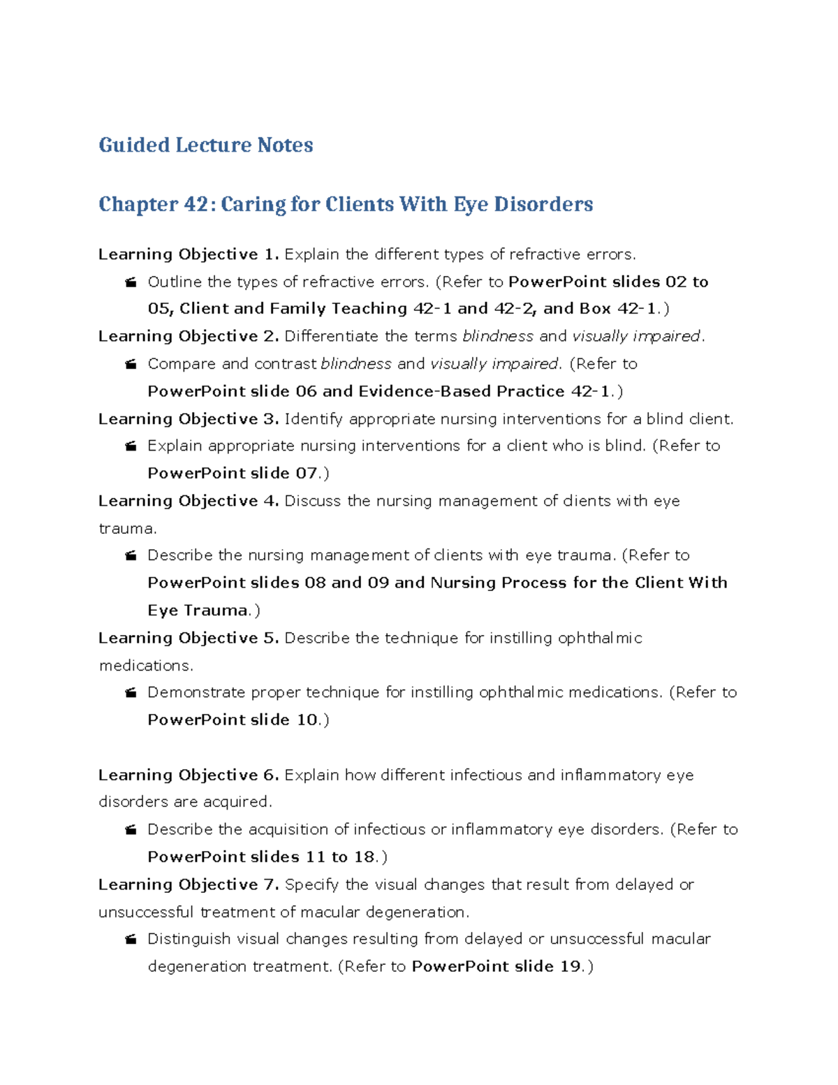 Guided Lecture Notes CH 42: Eye Disorders & Nursing Interventions - Studocu