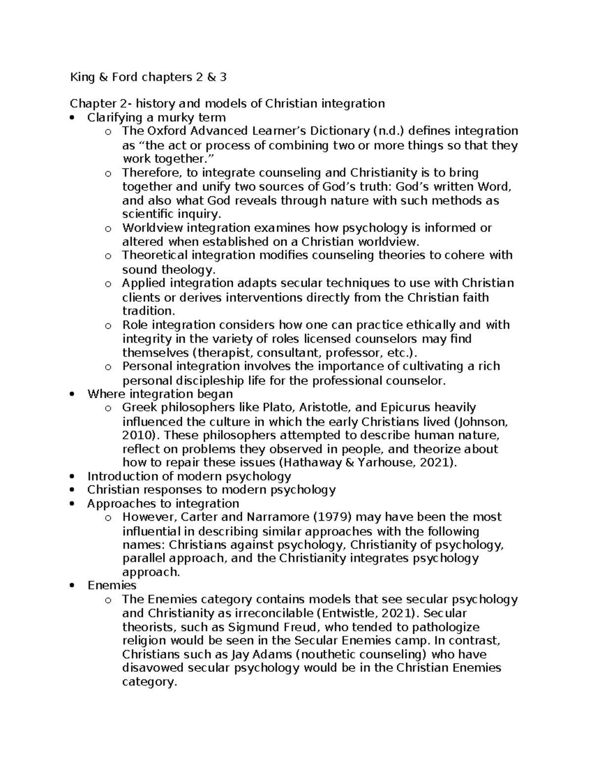 King & Ford Ch. 2 & 3: Integration of Counseling and Christianity - Studocu